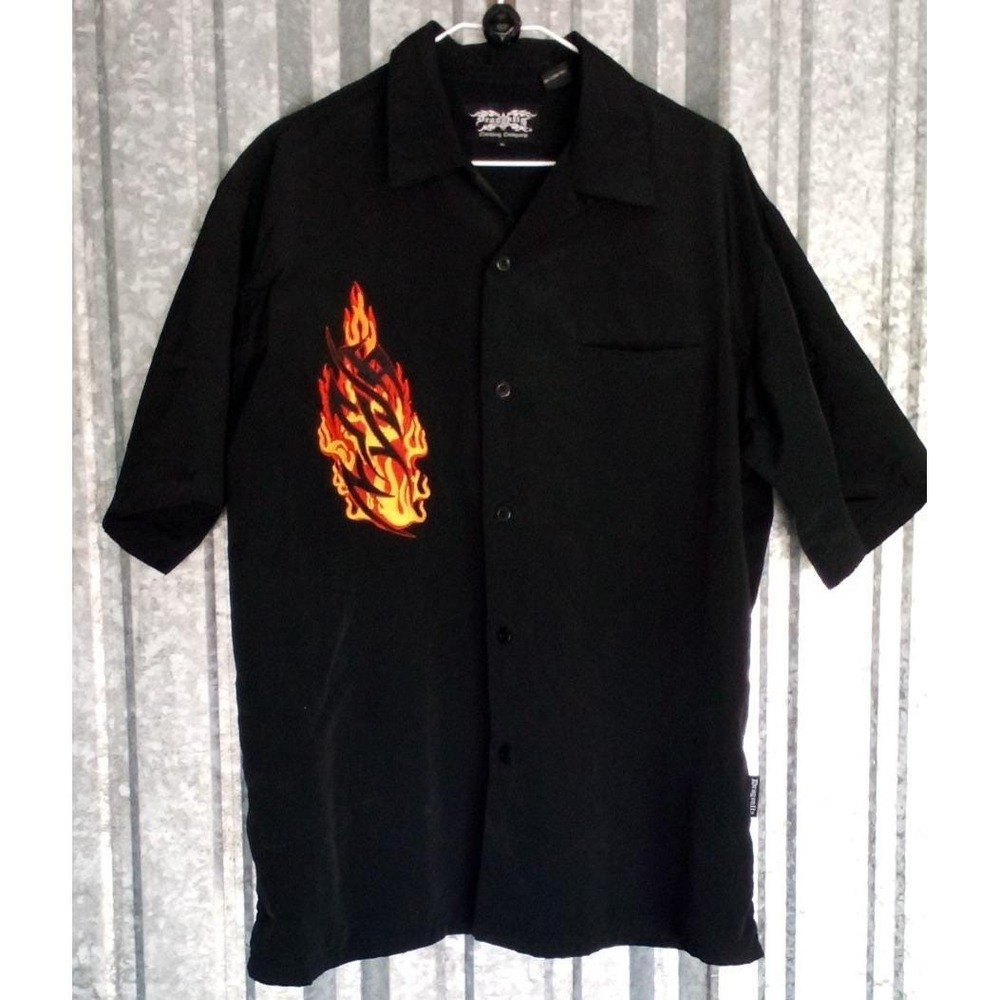Dragonfly Shirt Mens L Black Embroidered Flames Vintage Deadstock Korea Y2K